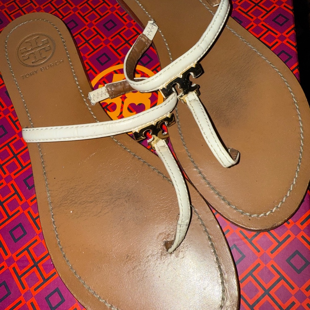 Tory Burch White and Brown Sandals with Signature Logo